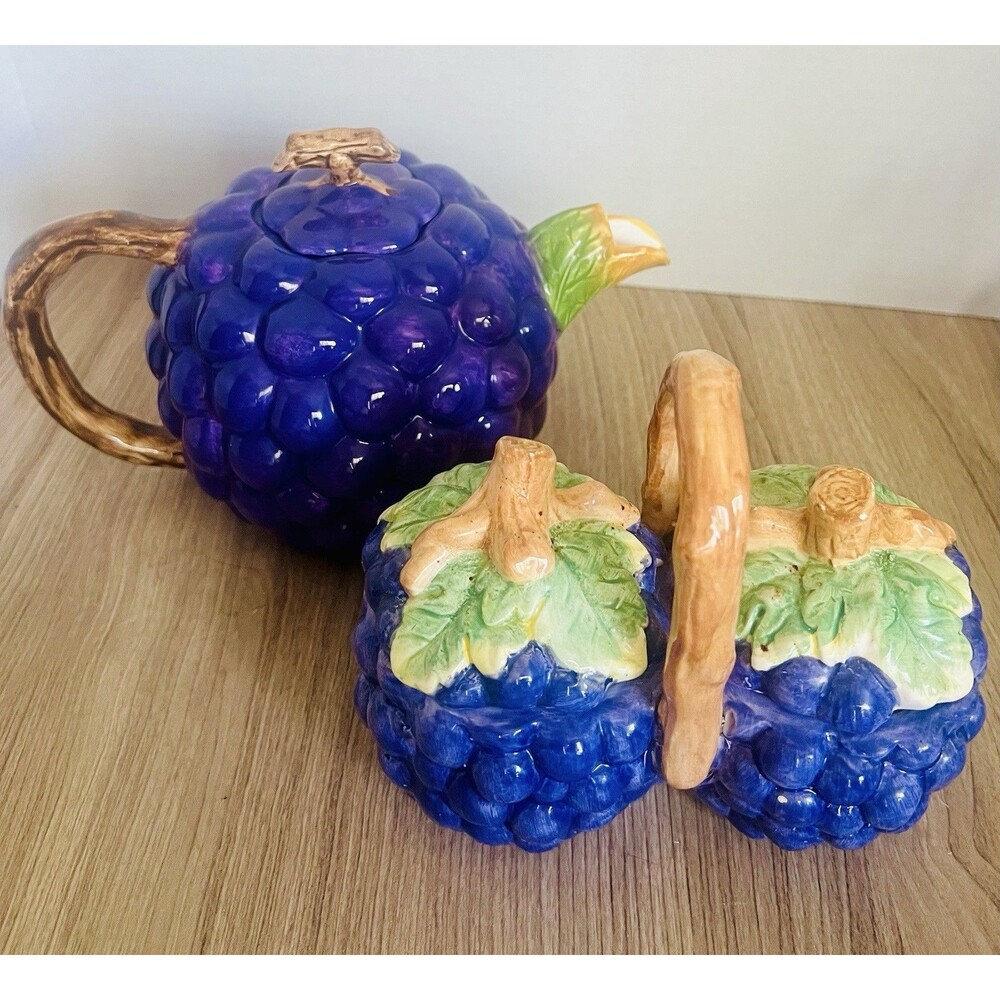 Vintage Fitz and Floyd Ceramic Grape Arbor Cluster Tea Pot Sugar Creamer Set